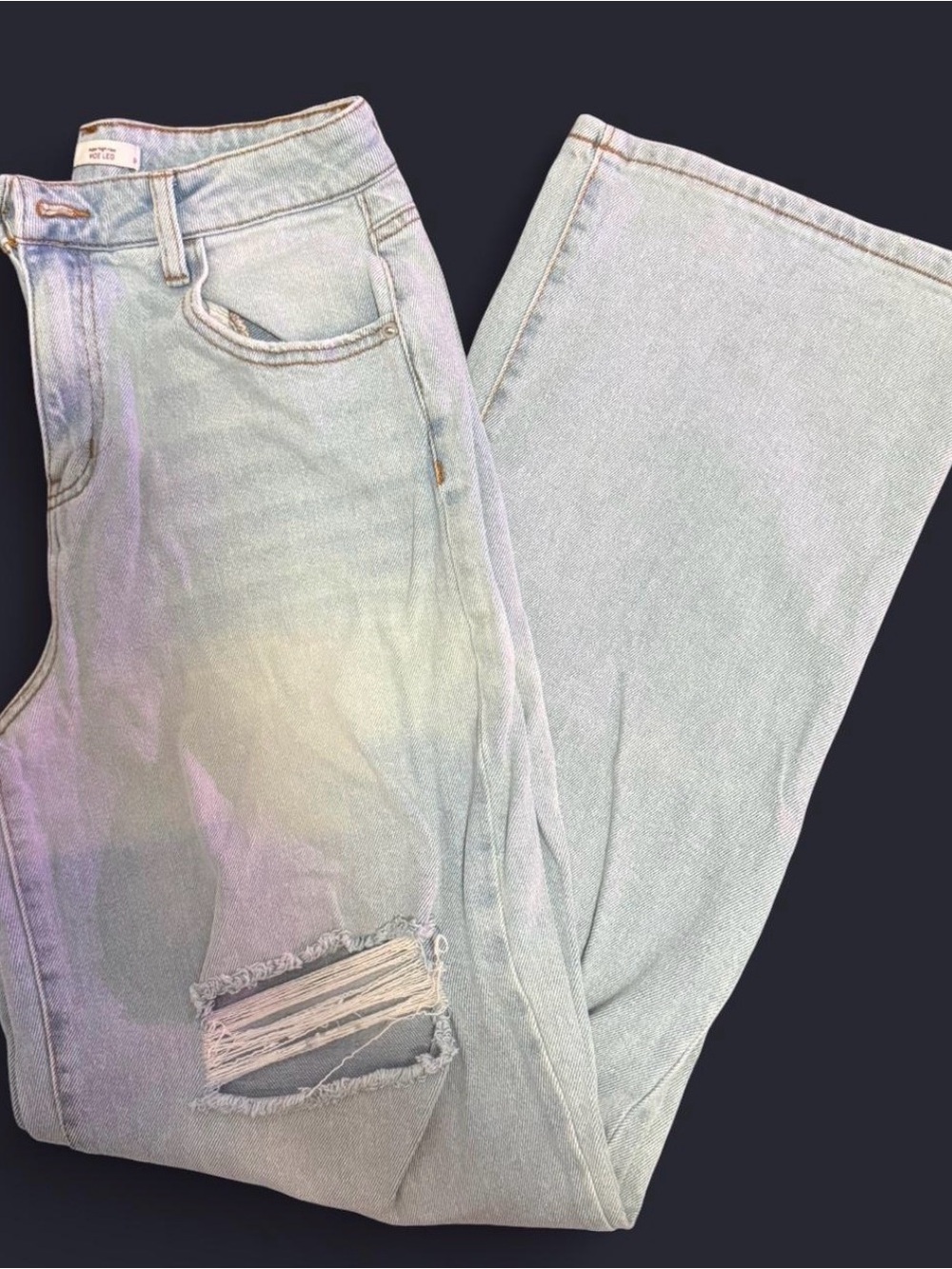 SO Light Wash Wide Leg Jeans with Distressed Knee
